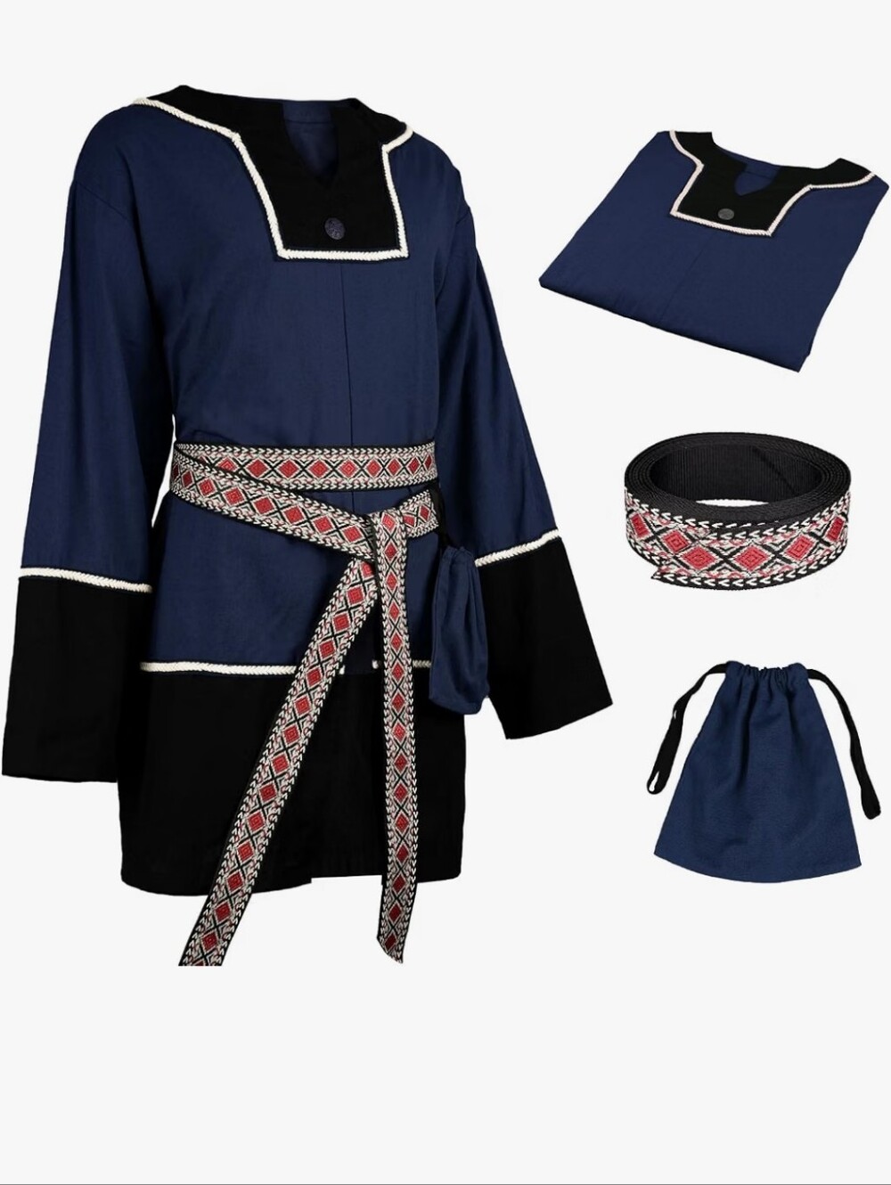 3-PC Medieval Tunic Set, Costume, Sash, Belt, Bag. Navy. XL. Renaissance Faire